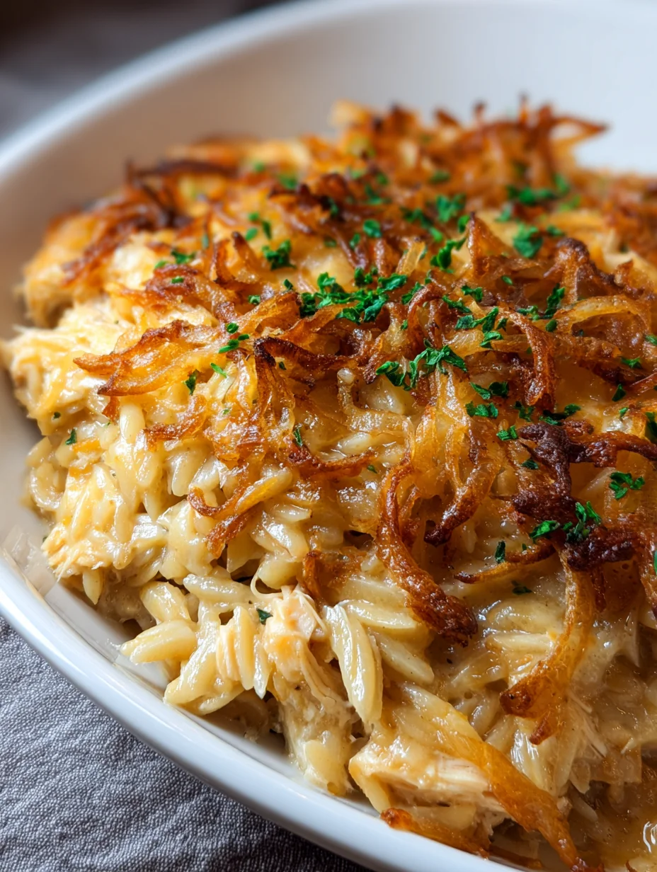 French Onion Chicken Orzo Casserole