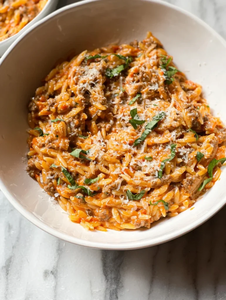 Ground Beef Orzo with Tomato Cream Sauce
