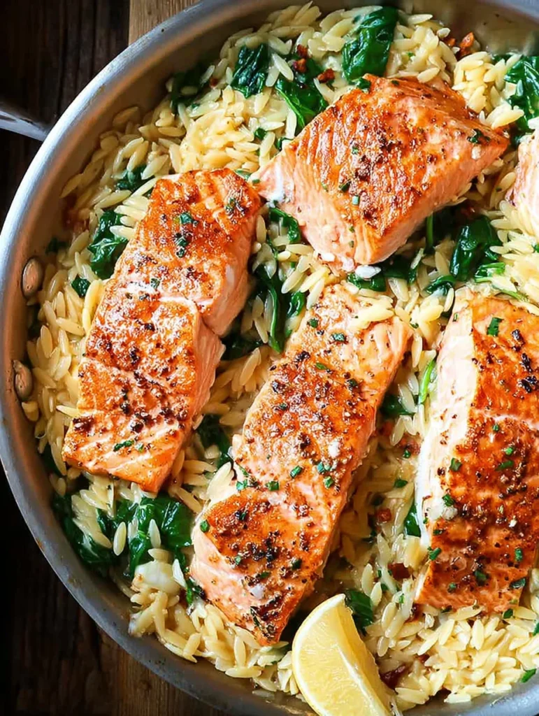 One Skillet Salmon with Lemon Orzo
